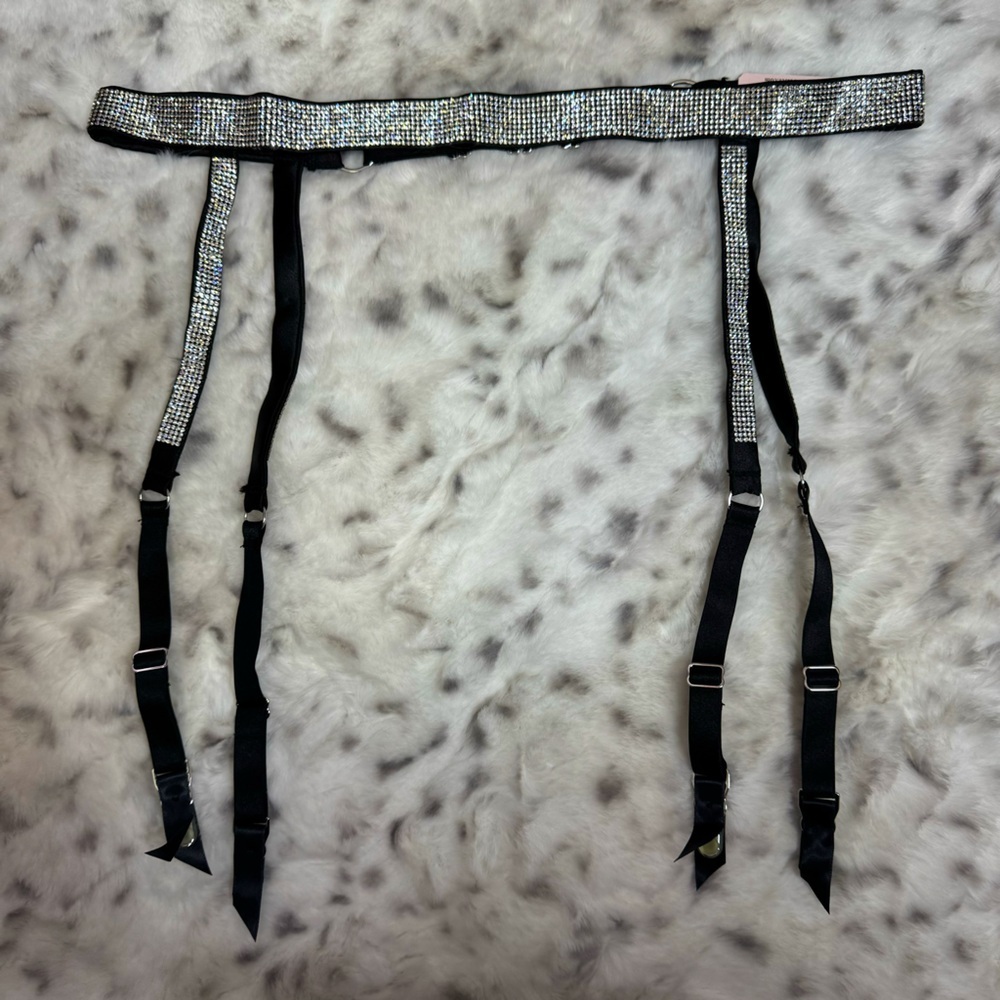 Victoria secret garter belt bling rhinestone diamond crystals strappy black luxe